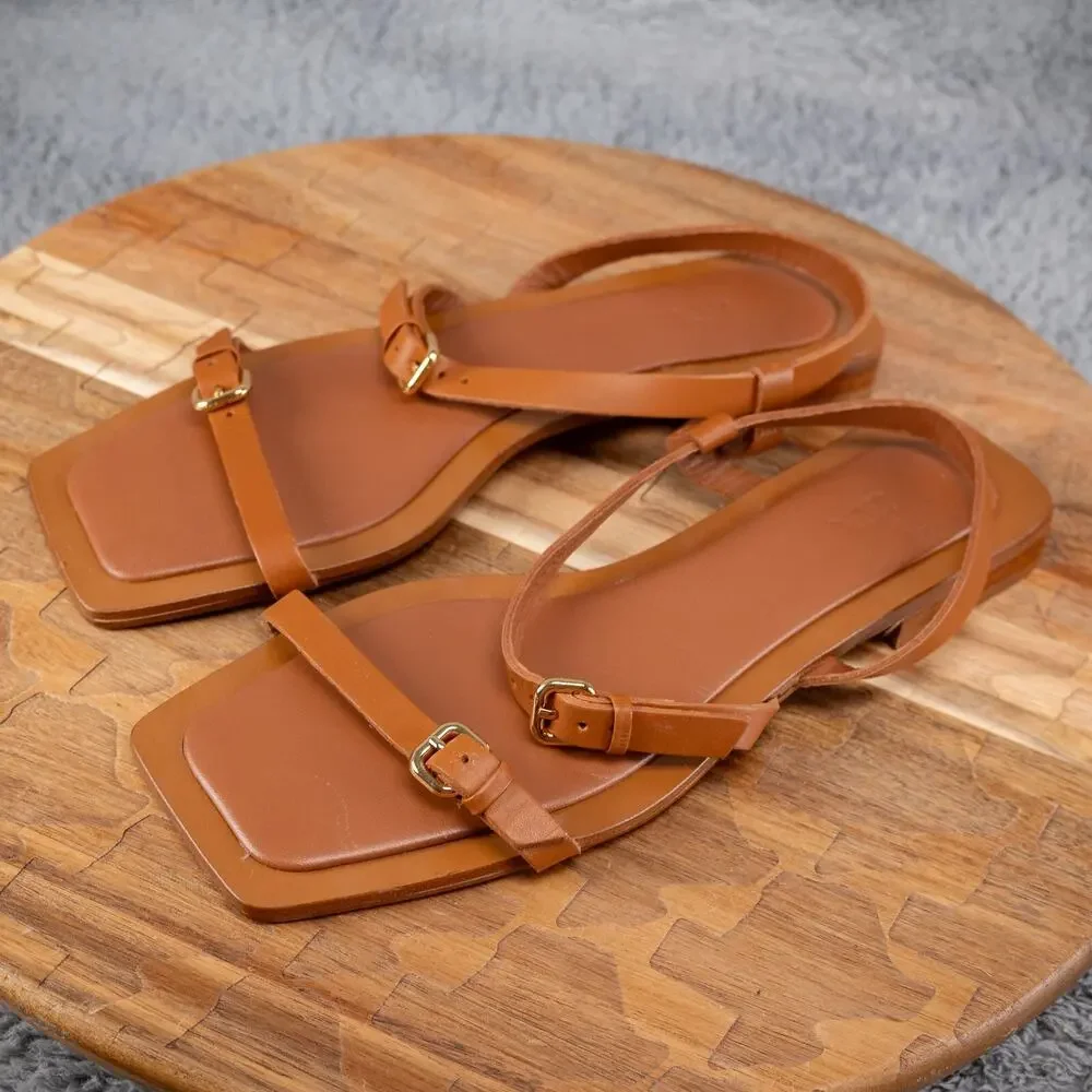 Zara Brown Leather Criss Cross Sandals Gold Buckle Size‎ 39 - Picture 3 of 5